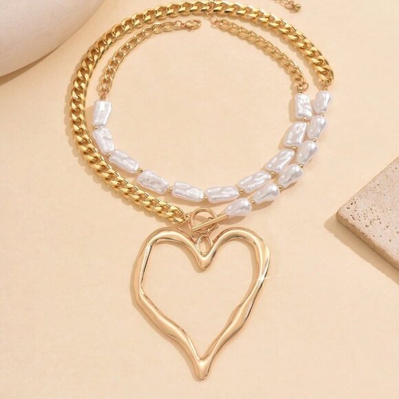 Gold Old Money Style Women's Exaggerated Metal Heart & Asymmetrical Faux Pearl N - Picture 3 of 5